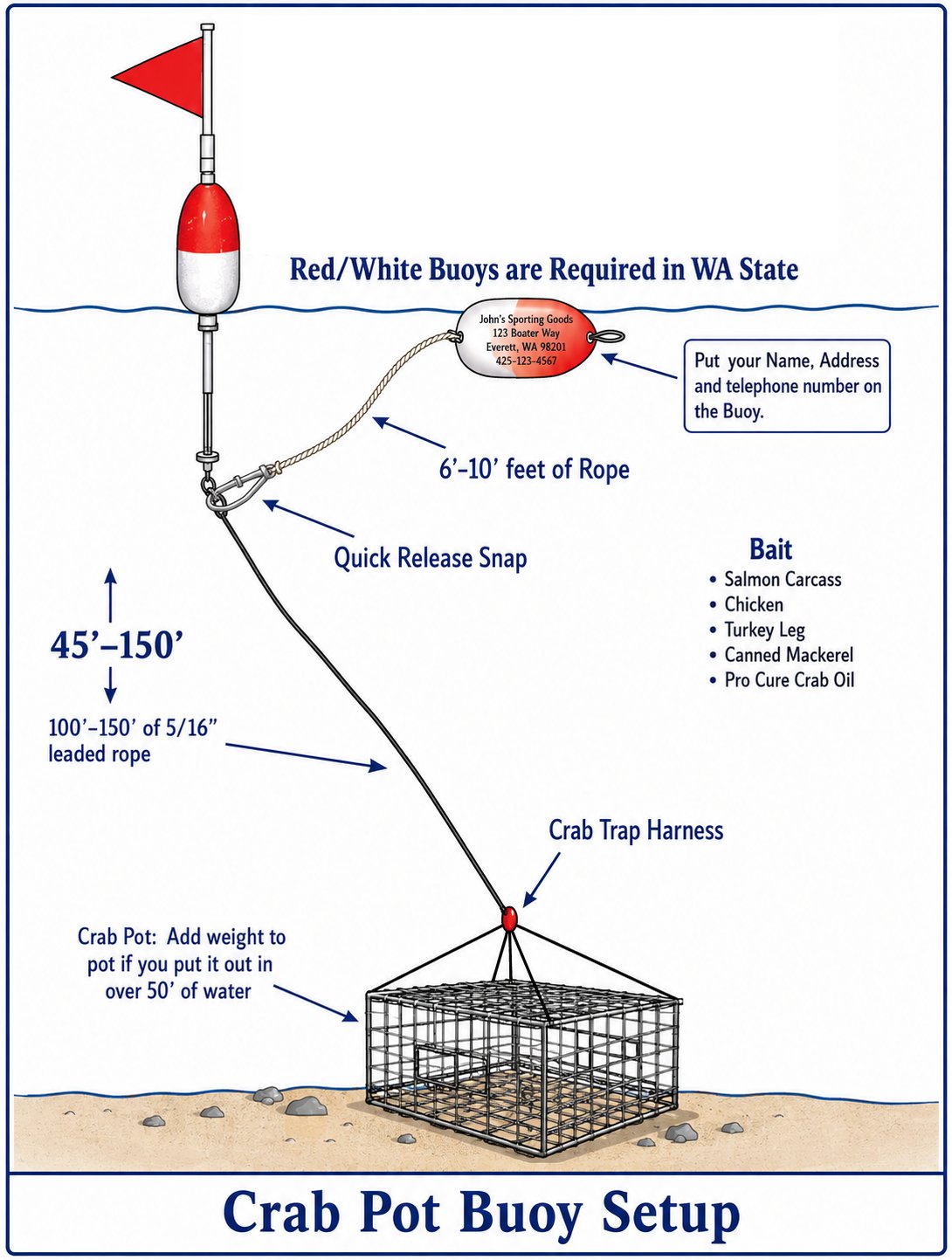 Crab pot buoy setup diagram showing red/white buoy with flag, rope length, quick release snap, harness, and pot on sandy bottom