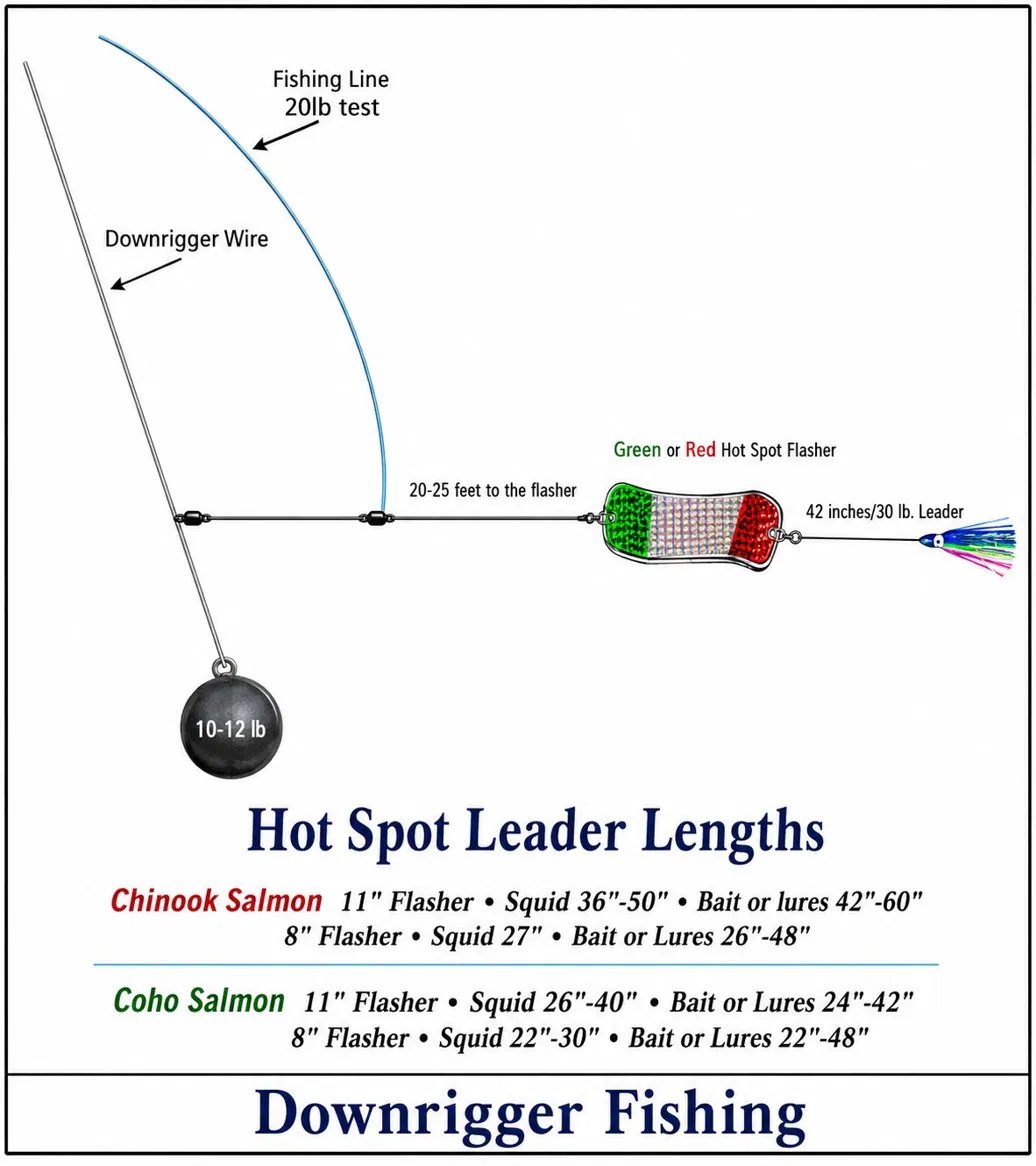 Downrigger salmon rig setup diagram showing leader lengths for chinook and coho