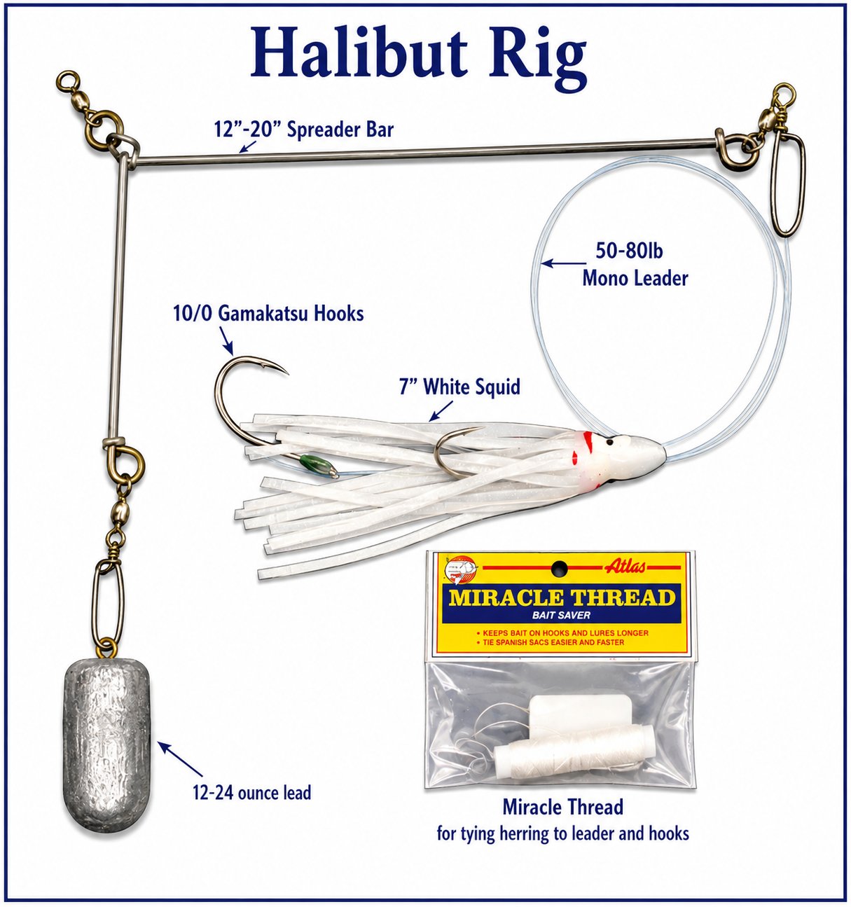 Halibut spreader bar rig showing 12-20" spreader bar, 50-80lb mono leader, 10/0 hooks, 7" white squid, and 12-24 oz lead