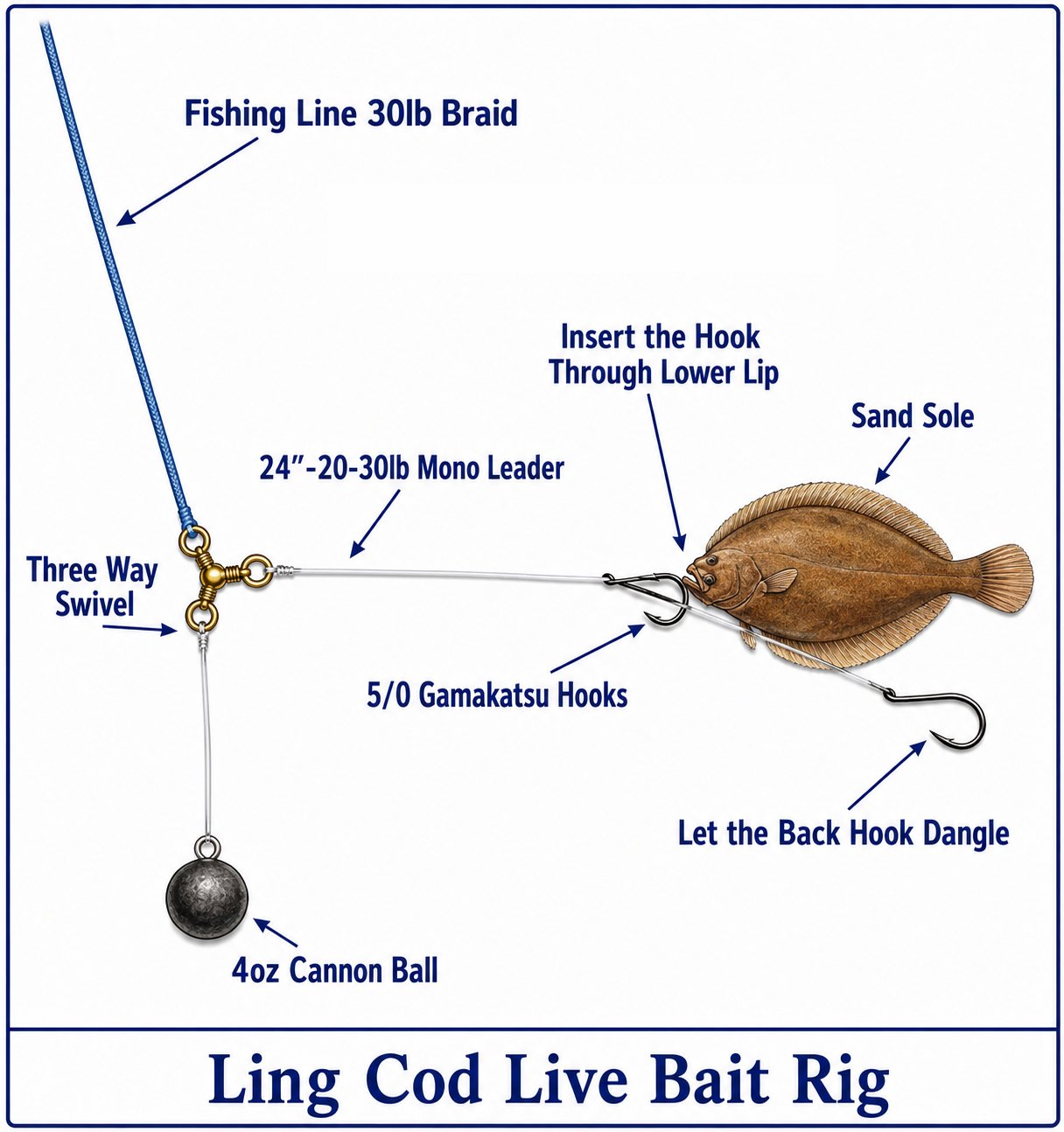 Lingcod live bait rig showing three-way swivel, 24" mono leader, 5/0 hooks, sand sole baitfish, and 4oz cannon ball sinker