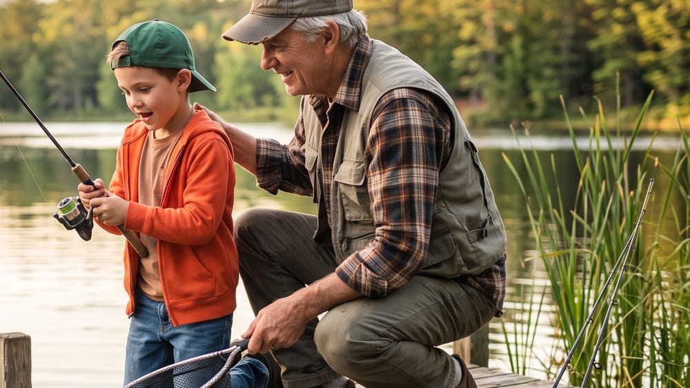 A boy reeling in a sunfish from a dock while an older angler steadies the net