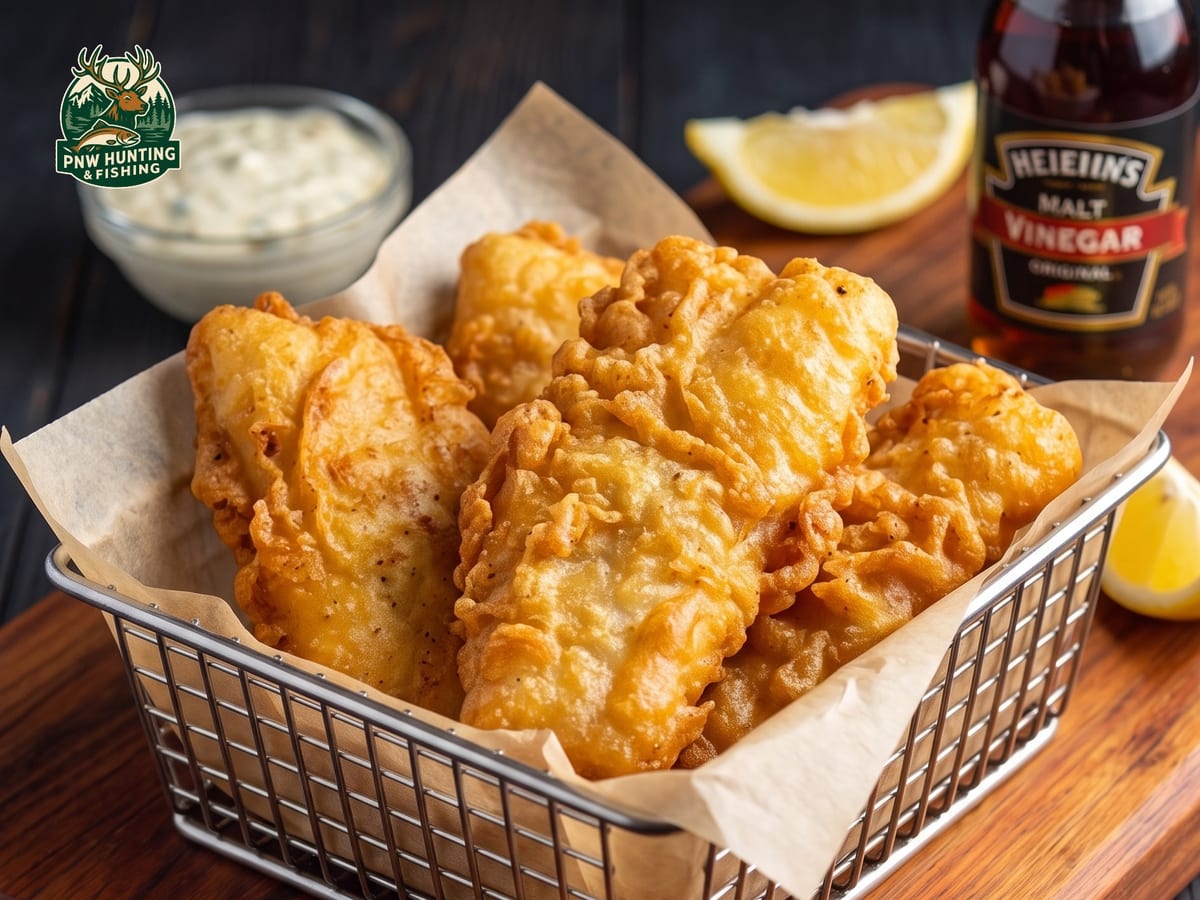 Golden beer-battered halibut fillets with lemon wedges and malt vinegar
