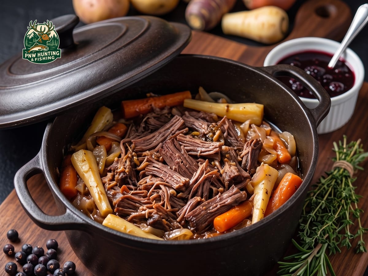 A pulled bear roast in a dutch oven with carrots, parsnips and onions