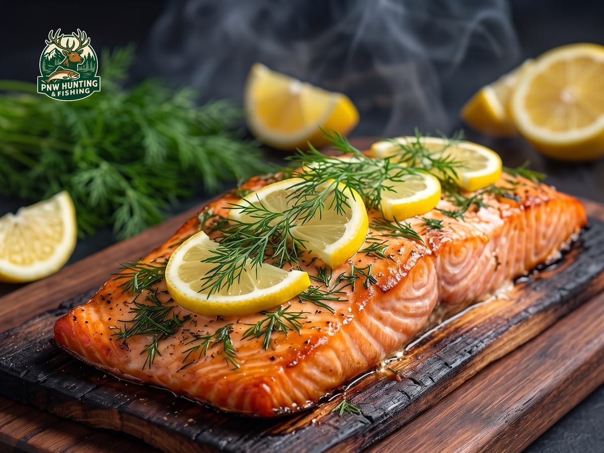 A salmon fillet cooking on a charred cedar plank with dill and lemon slices