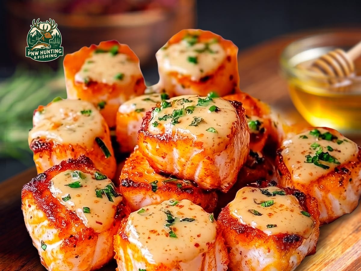 Seared salmon bites coated in bang bang sauce and scattered with herbs, on a wooden board