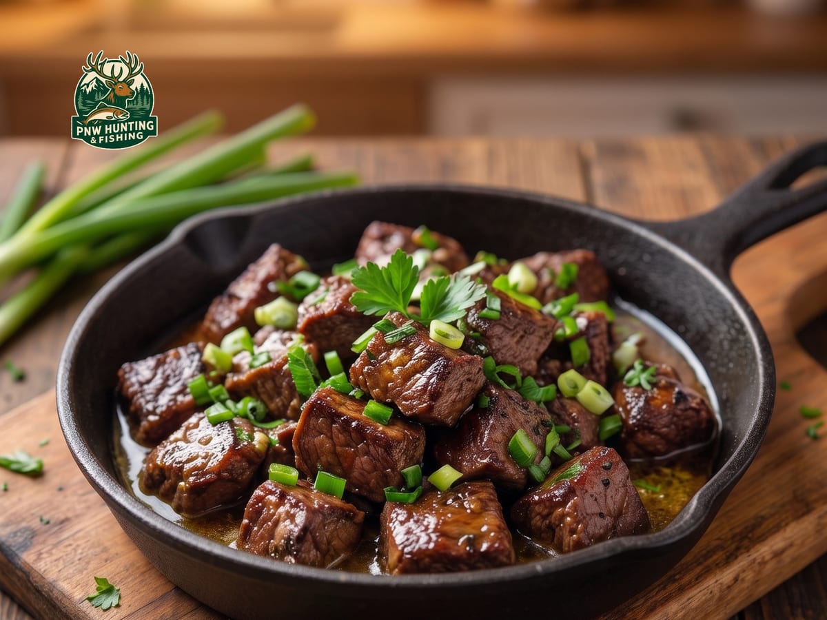 Dark seared venison steak bites glossy with garlic butter in a cast iron skillet