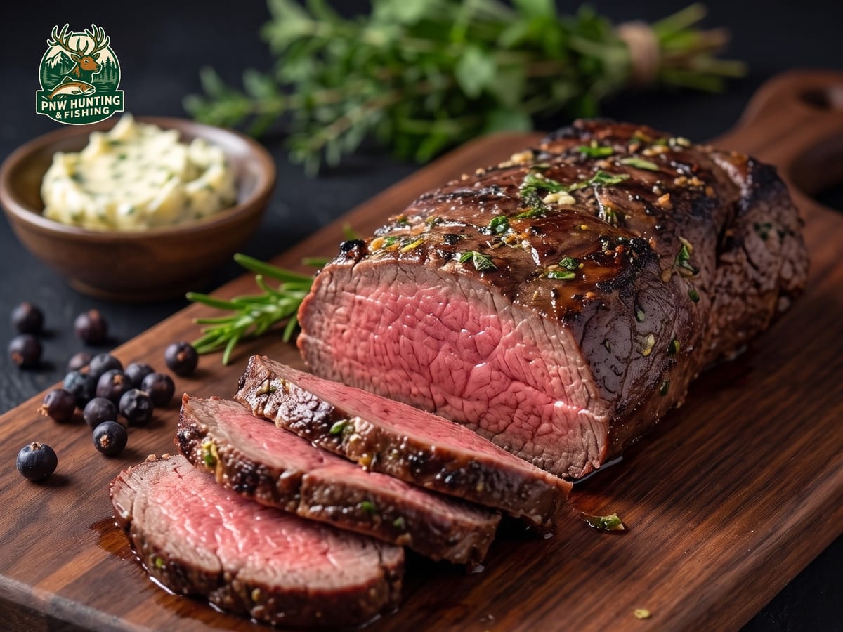 Sliced elk backstrap showing a rosy medium-rare centre on a wooden board