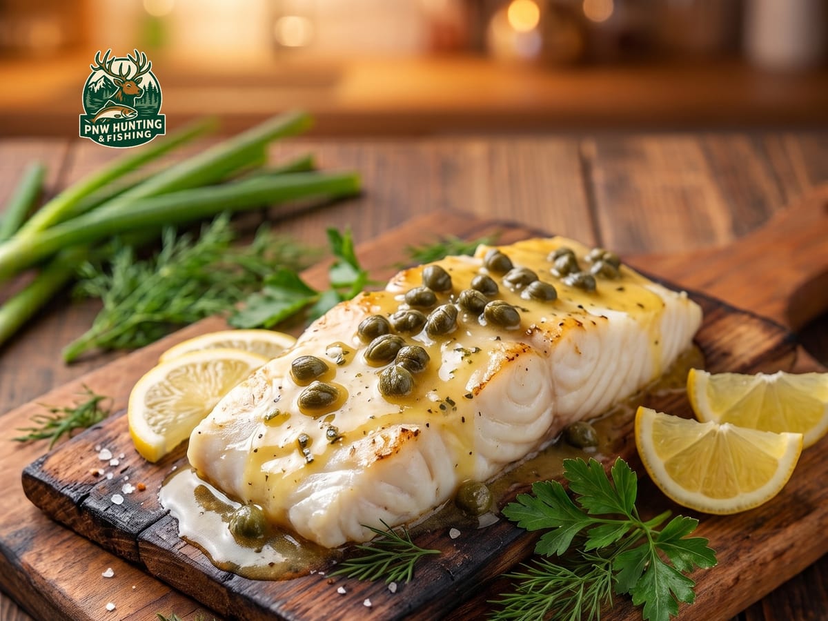 A white halibut fillet under a glossy lemon butter sauce with capers and parsley