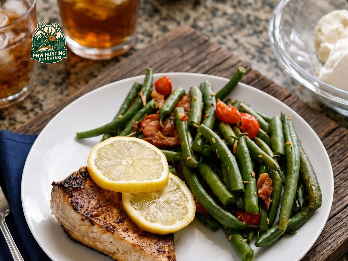 A seared albacore steak topped with lemon slices, served with green beans on a white plate