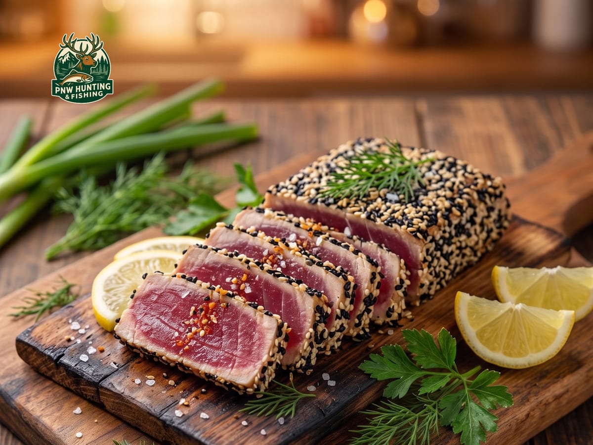Sesame-crusted albacore loin sliced to show a deep red centre, with dipping sauce