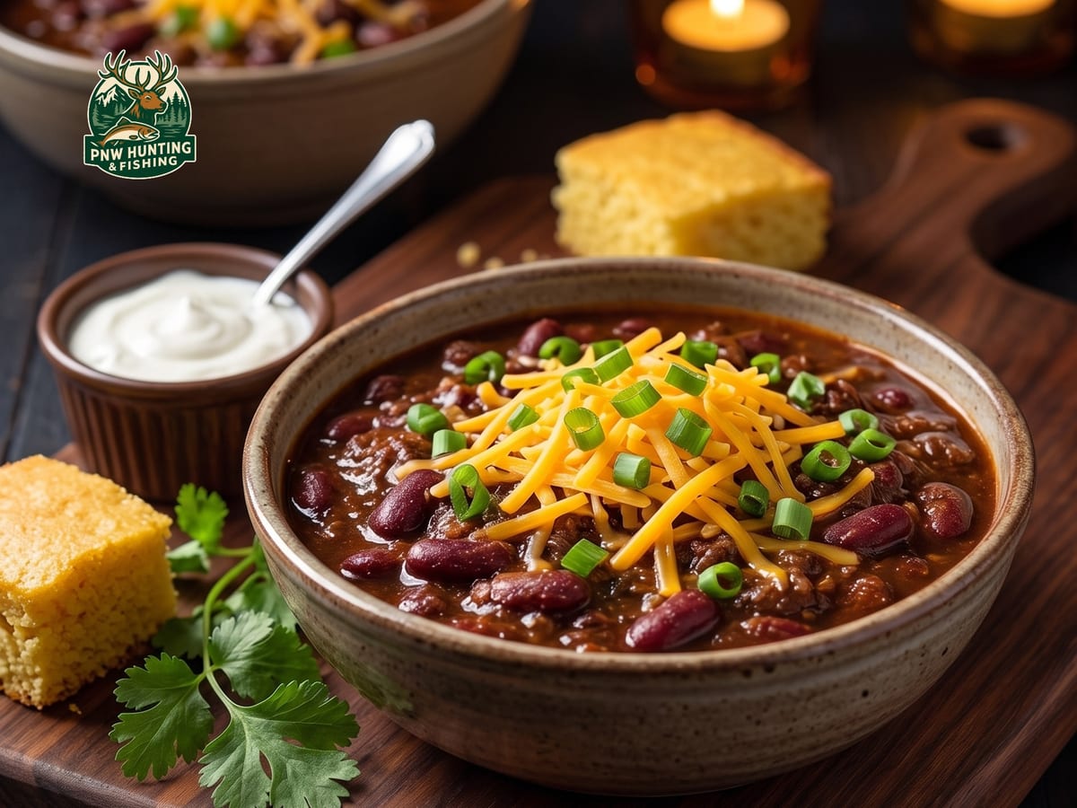 A bowl of dark elk chili with black beans, melted cheese and sliced green onion