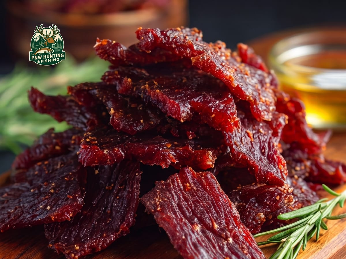 A stack of dark red brown sugar venison jerky strips on a wooden board